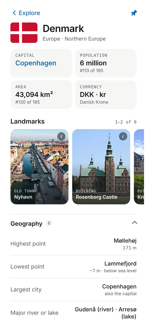 Atlado showing Denmark: capital, population, area, currency and landmark photos