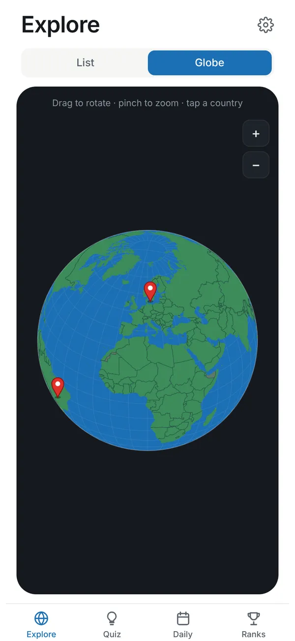 The interactive globe with pinned countries